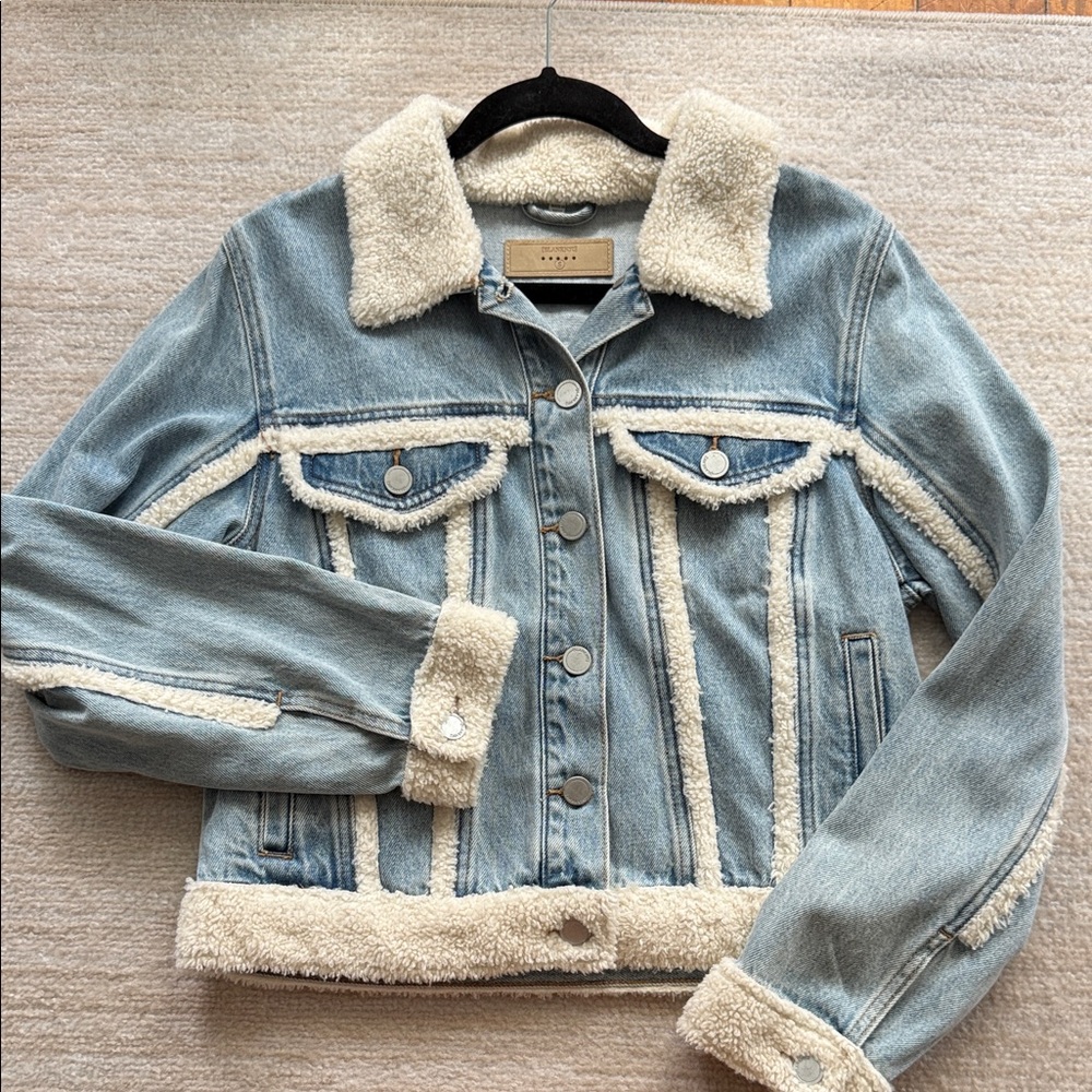 Blank NYC Light Blue Denim Sherpa Trim Cropped Jacket